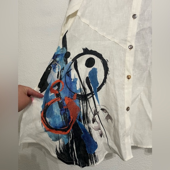 Citron Santa Monica Top Small Womens White Linen Art Asymmetrical Button Tunic - Picture 3 of 14